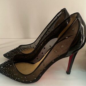 Christian Louboutin Follies Strass 100 Black Crystal Mesh Pumps EU 37.5